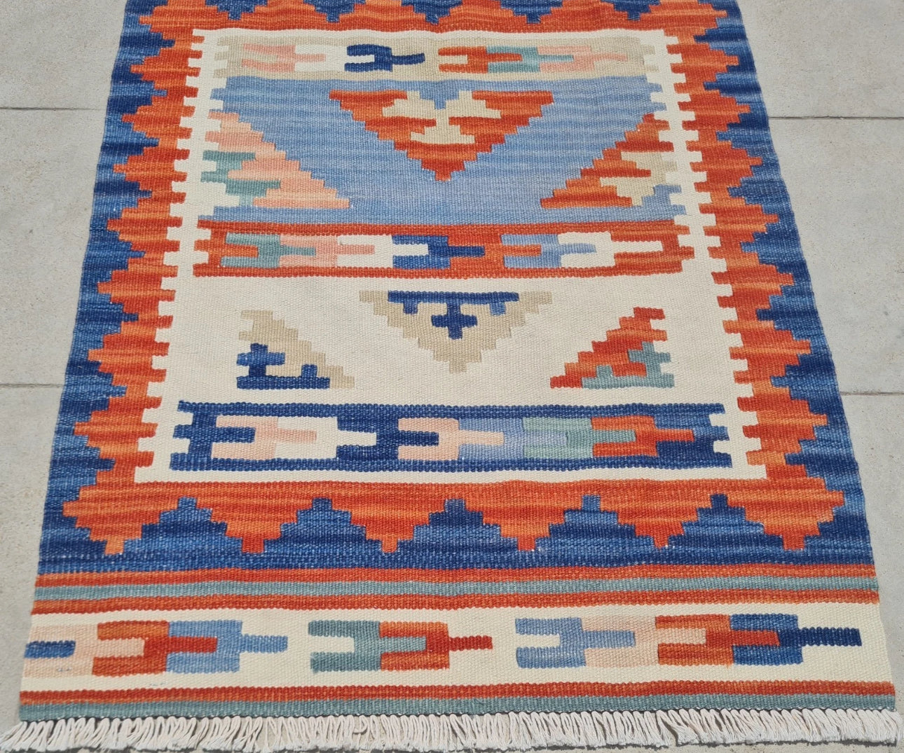 Vintage Hand Knotted Shiraz Kilim Wool Area Rug 2.9 x 2.1 Ft Blue Orange Persian Style