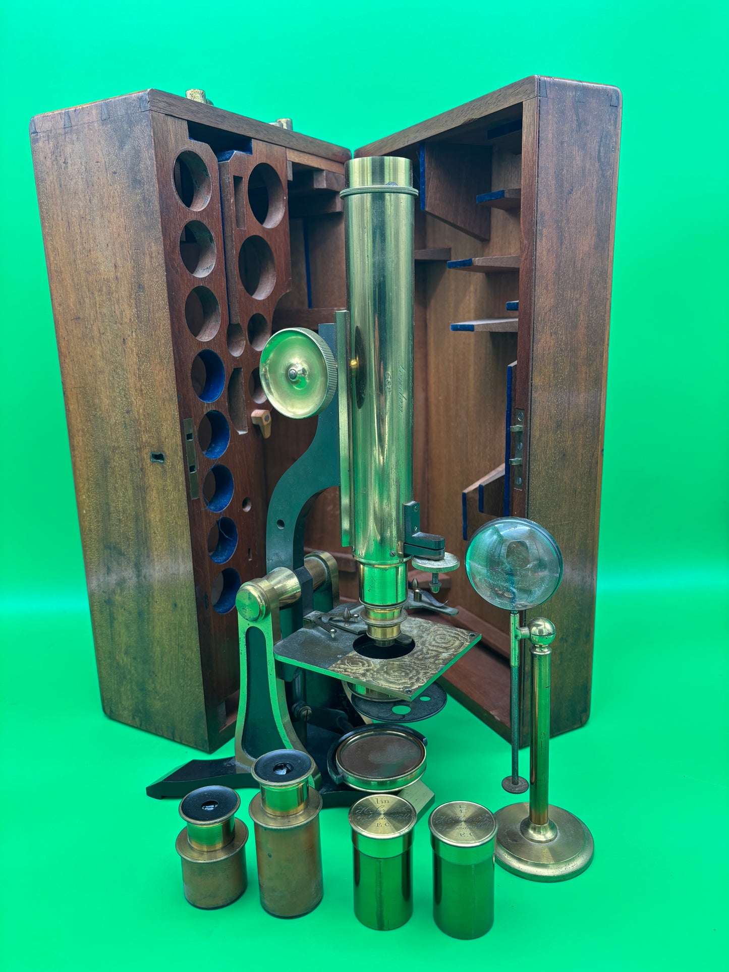 c.1871 H. Crouch London Antique Brass Microscope #689 Case Accessories