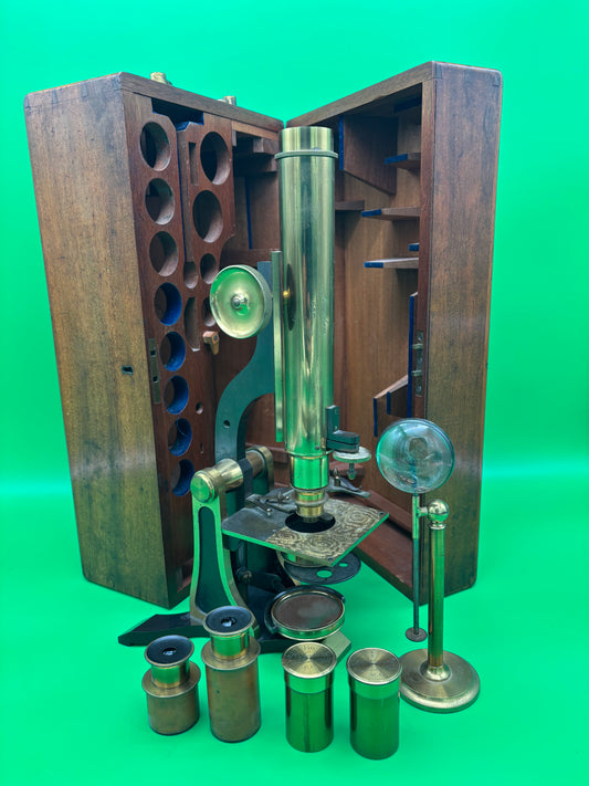 c.1871 H. Crouch London Antique Brass Microscope #689 Case Accessories