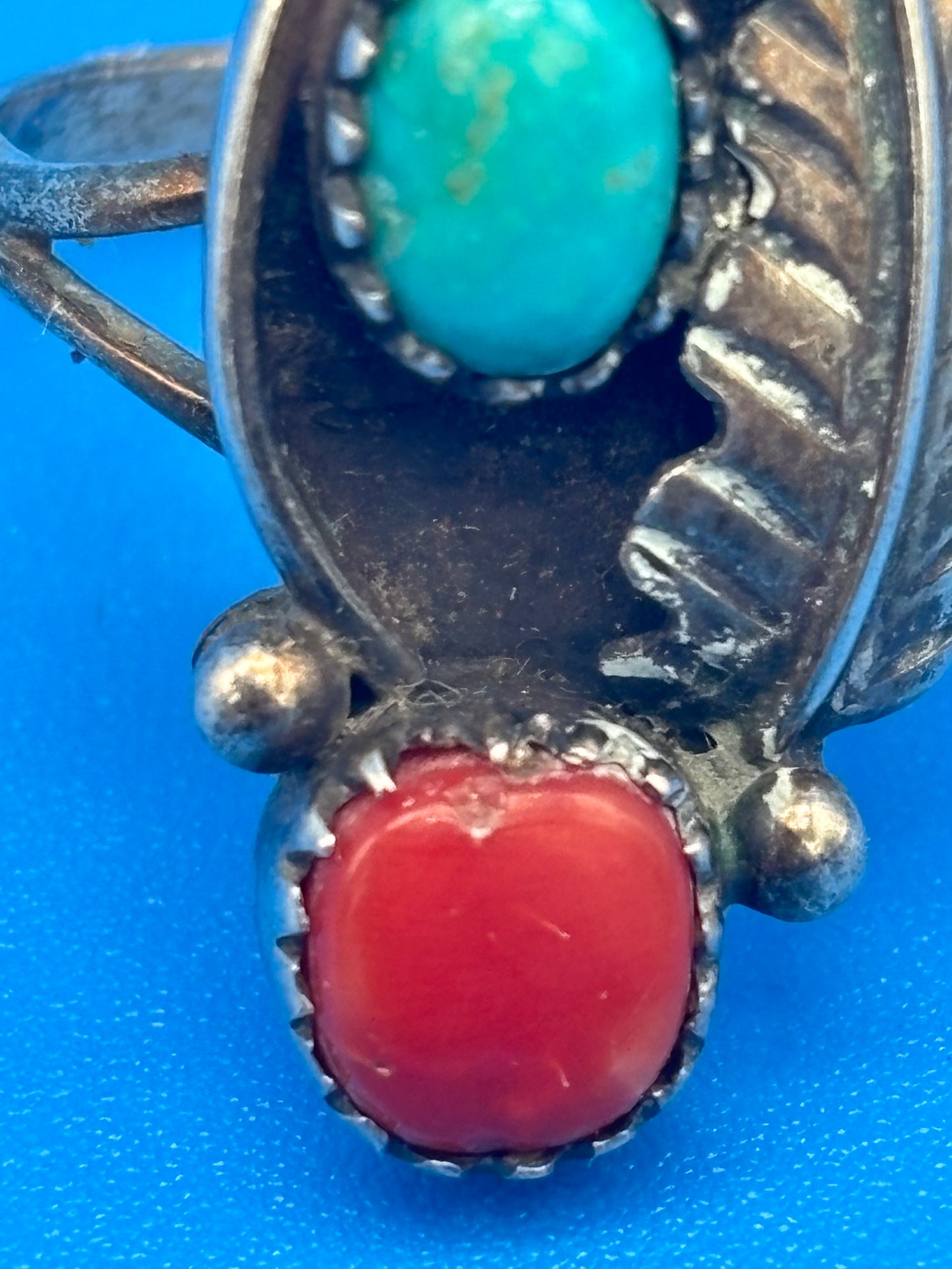 VTG Henry Mariano HM Navajo Sterling Silver Turquoise Coral Ring Size 8