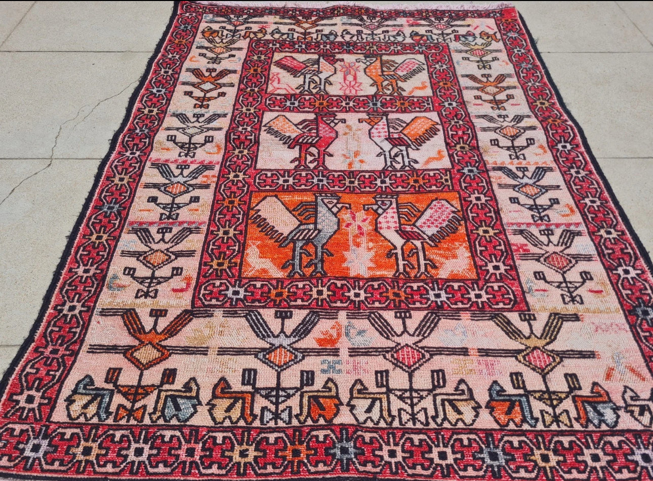 Rare Hand Knotted Vintage Soumak Kilim Silk Area Rug 3.0 x 2.4 Ft