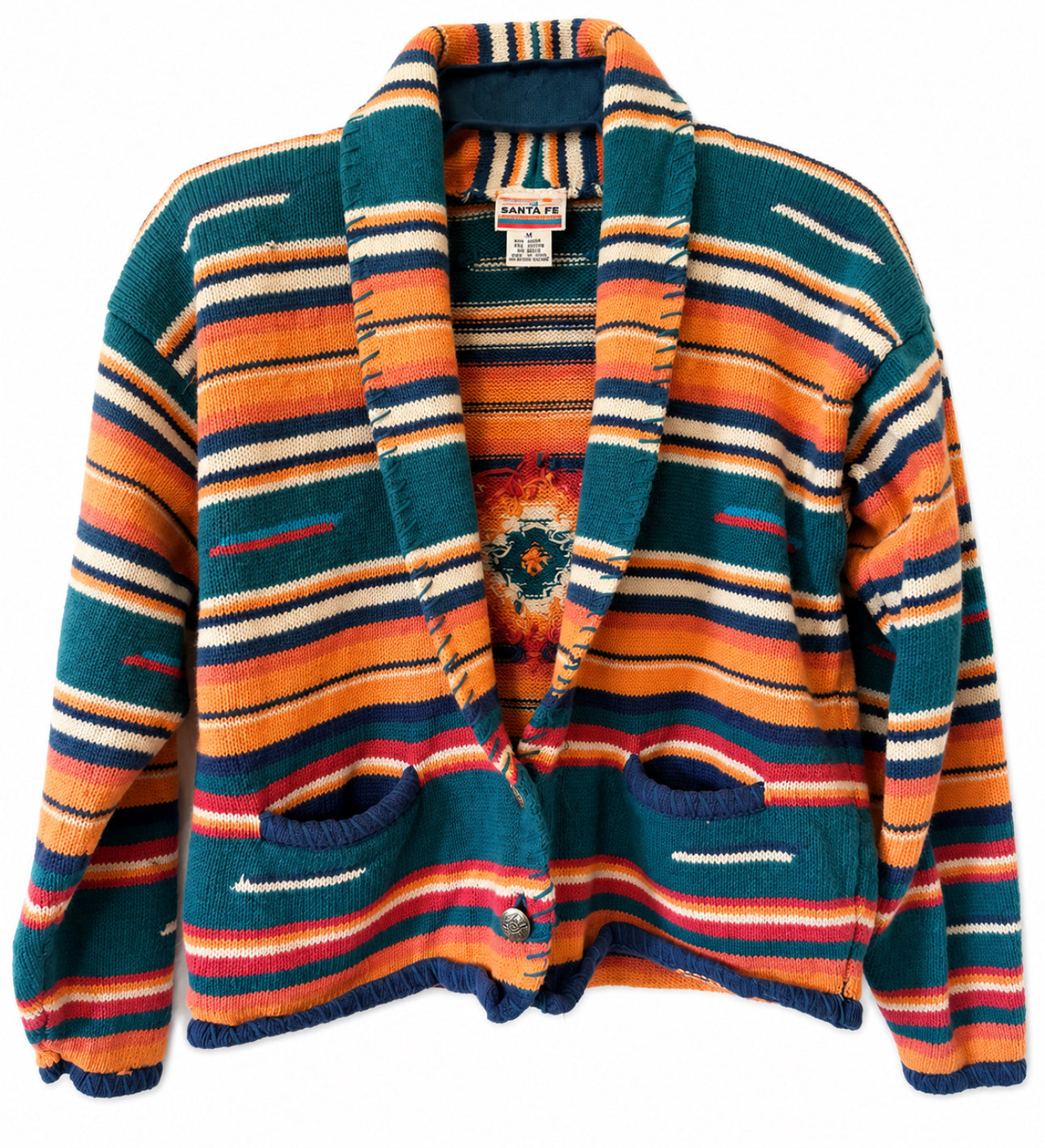 Vintage Santa Fe Southwestern Cardigan Sweater Women M Ramie Cotton Aztec Boho