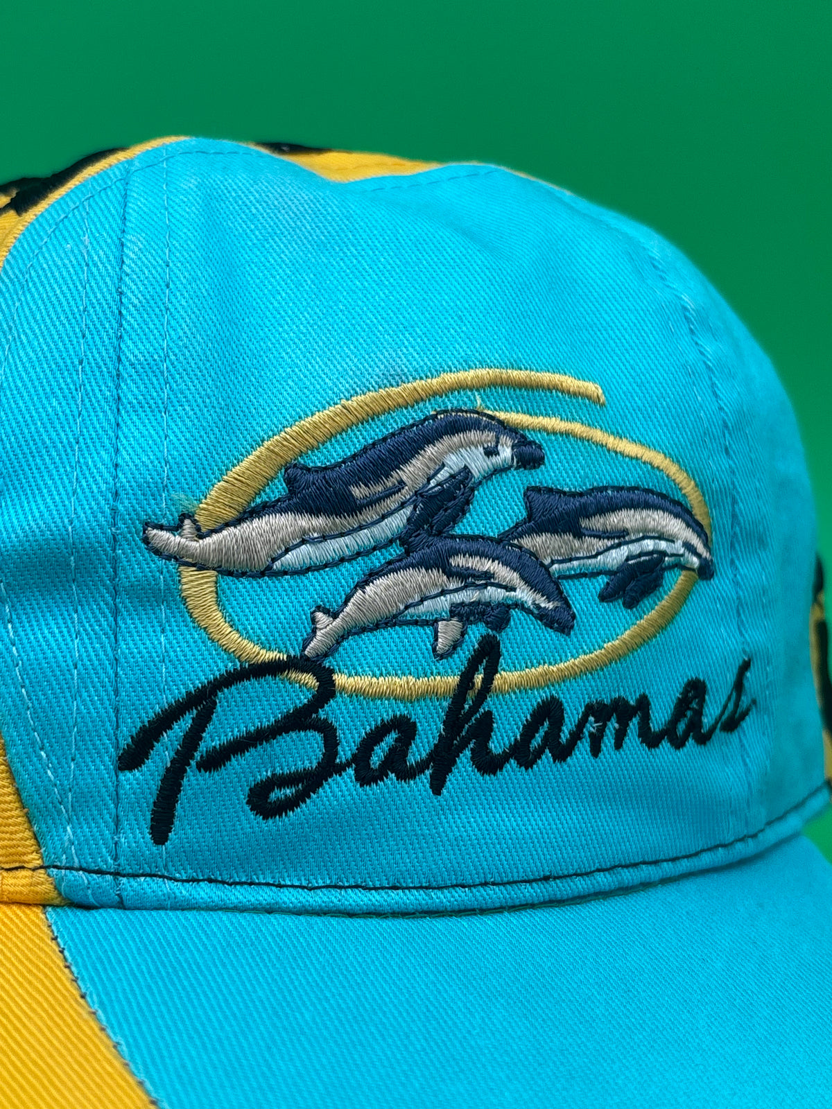 Vintage Bahamas Dolphin Hat Cap Teal Yellow Black Embroidered Spellout 100% Cotton