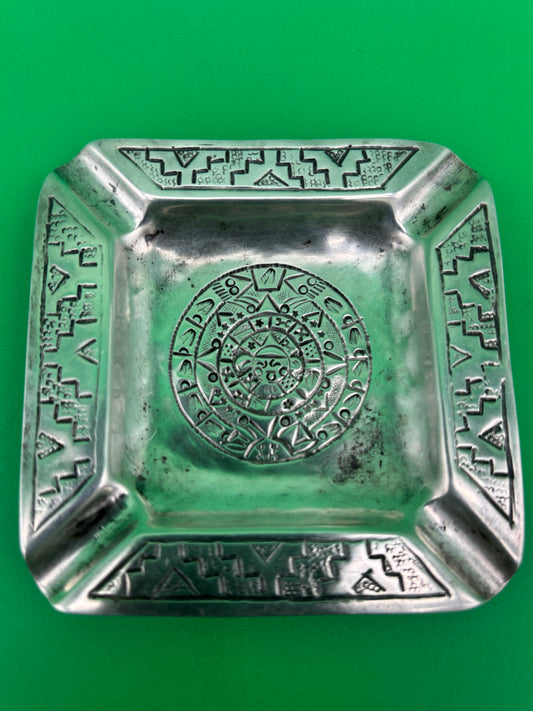 Vintage Mexico 900 Silver Ashtray Aztec Calendar Stamped Design 38g 3.25”