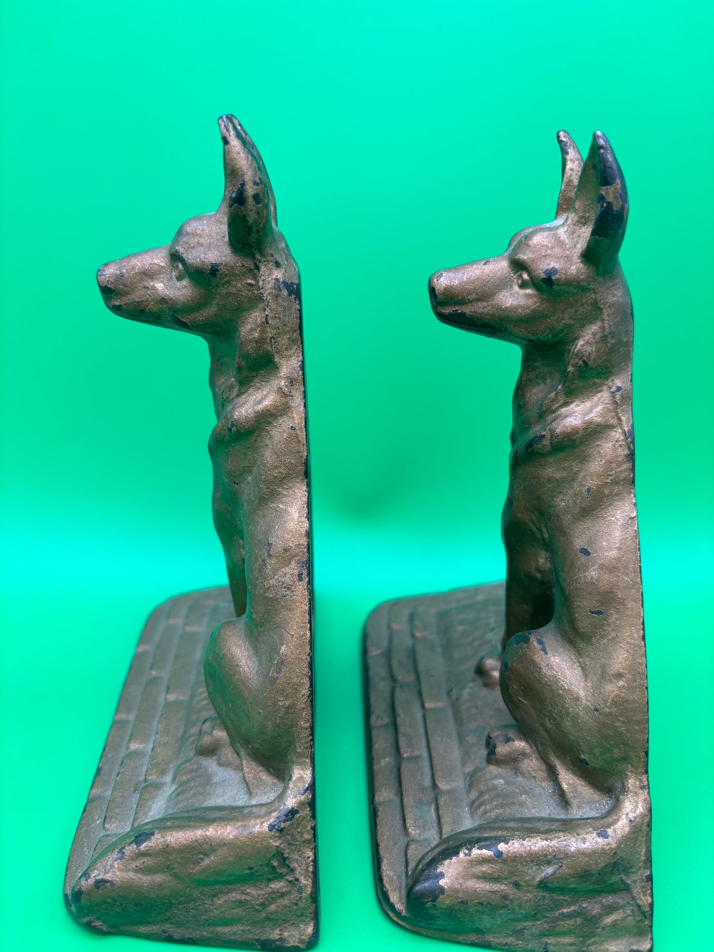 Vintage Art Deco German Shepherd Dog Bookends Pair Cast Iron Bronze Finish Heavy 6”