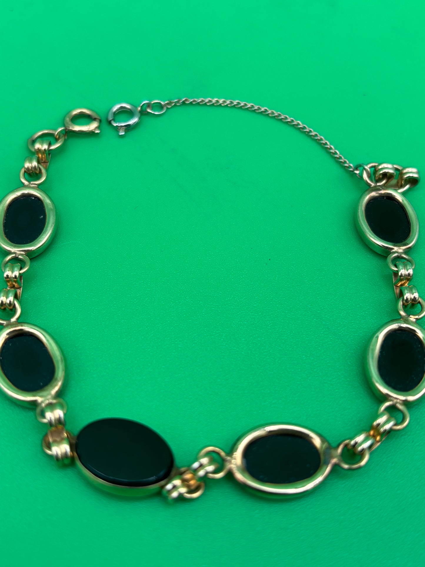 Art Deco 1/20 12K Gold Filled Black Onyx Oval Cabochon Link Bracelet 7”