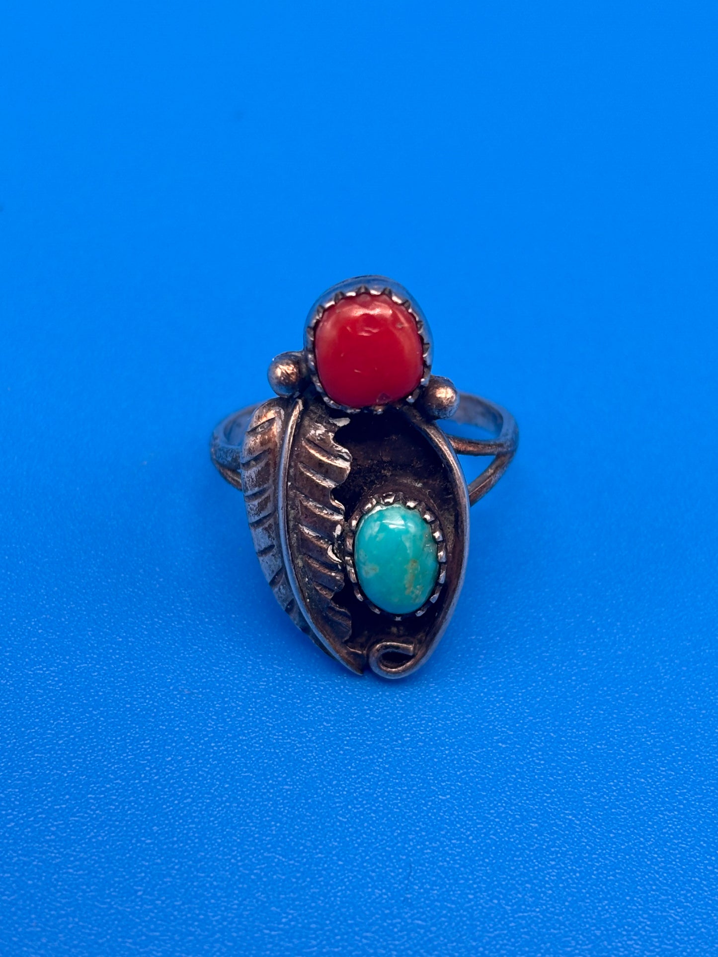 VTG Henry Mariano HM Navajo Sterling Silver Turquoise Coral Ring Size 8