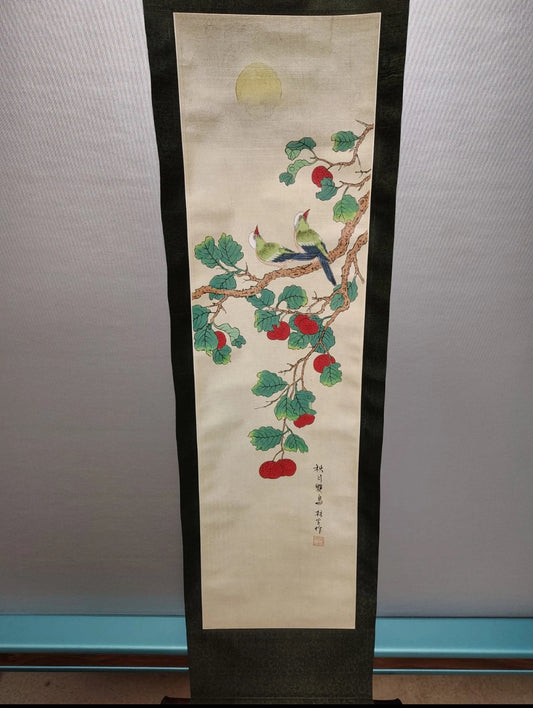Vintage Chinese Lin Sheng Signed Silk Scroll Paintings Pair Birds Fruit 40”