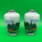 Pair Antique Japanese Musen Cloisonne Mt Fuji Pagoda Landscape Vases 4.5”