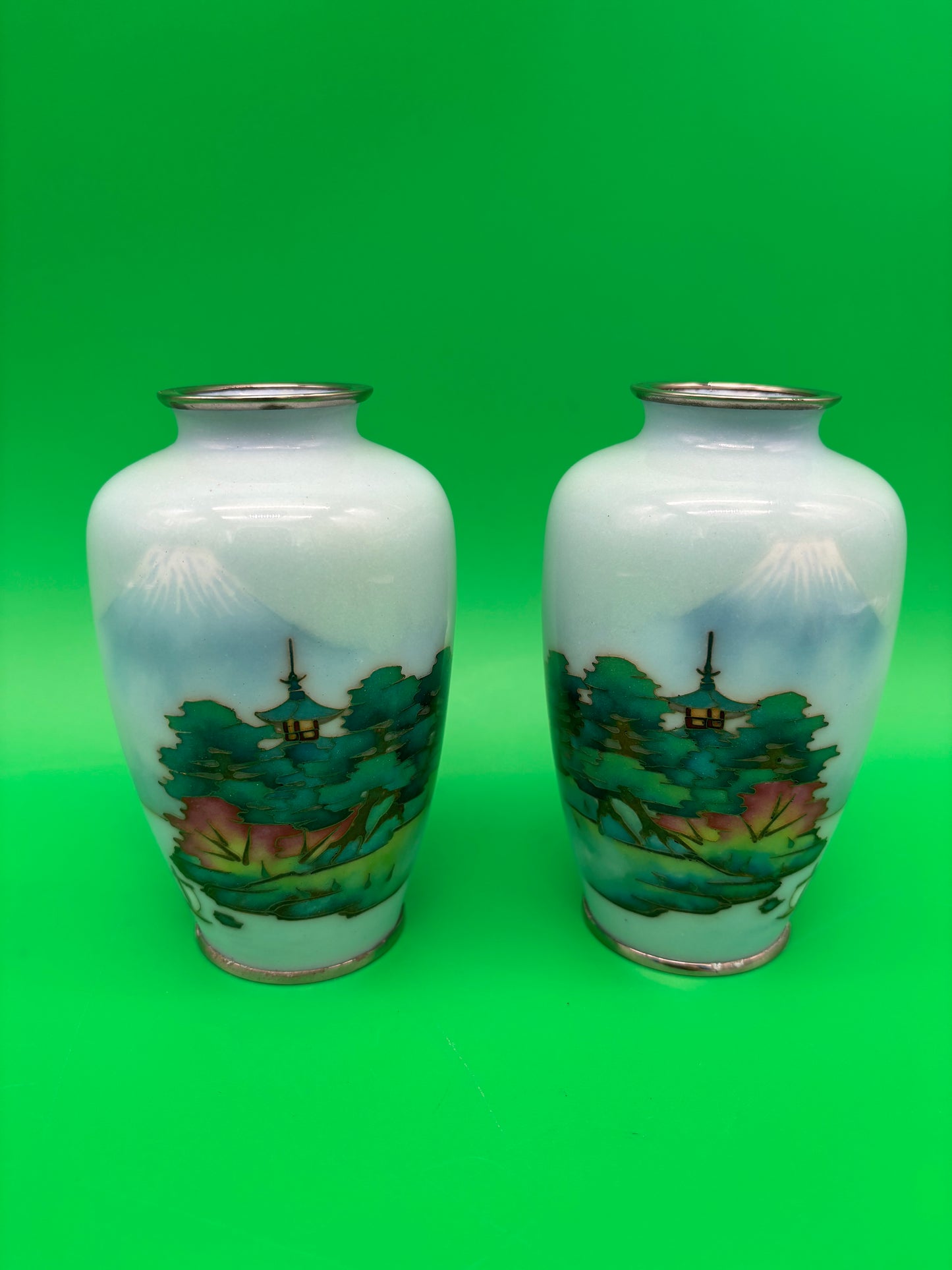 Pair Antique Japanese Musen Cloisonne Mt Fuji Pagoda Landscape Vases 4.5”
