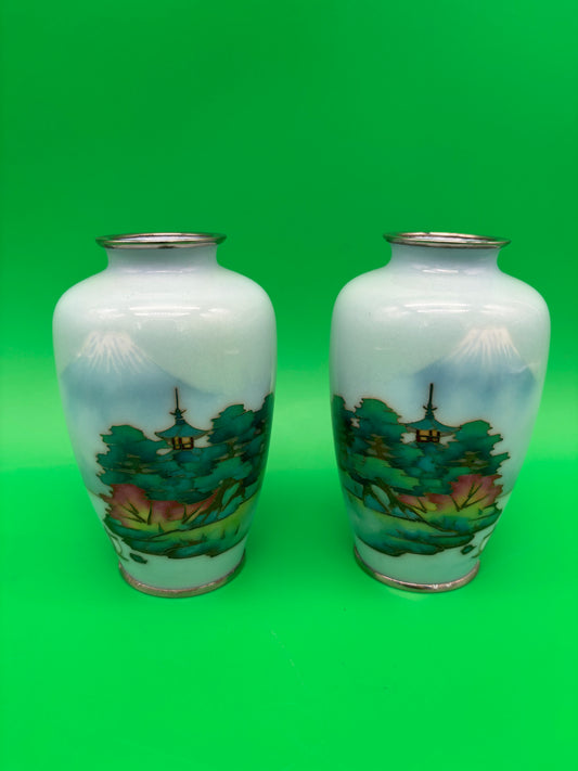 Pair Antique Japanese Musen Cloisonne Mt Fuji Pagoda Landscape Vases 4.5”