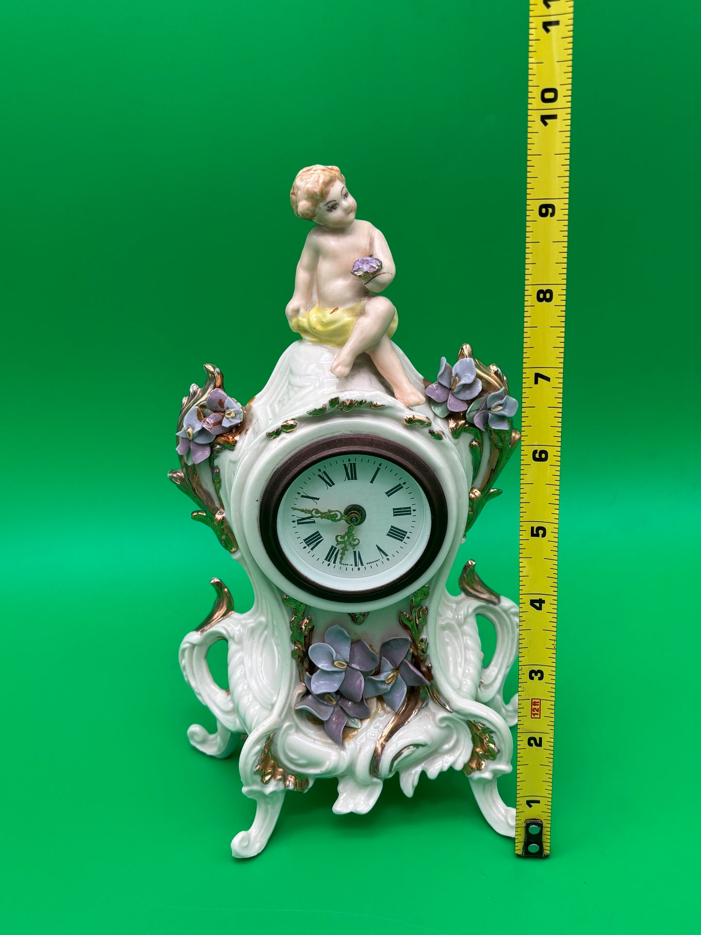 Vintage Louis Pierlot German Porcelain Mantel Clock w/ Cherub – 10” Wind Up