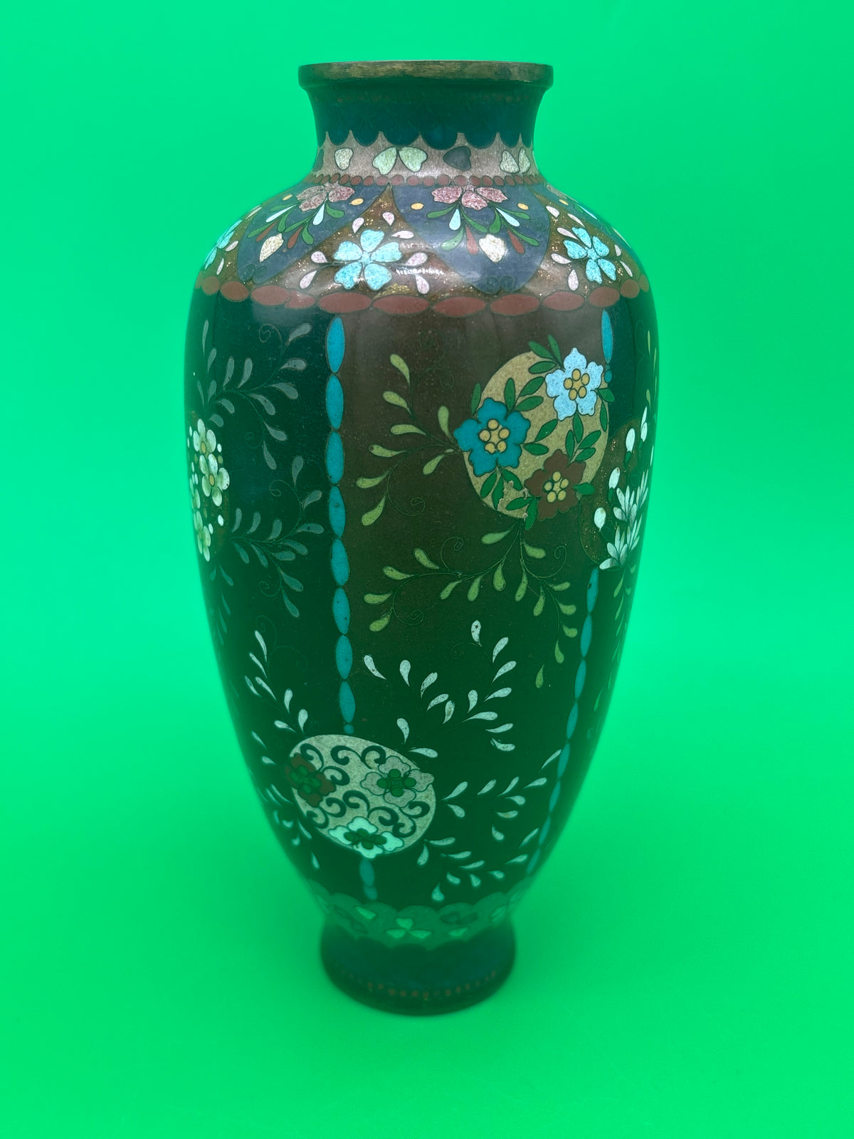 Antique Japanese Cloisonne Vase Meiji Floral Enamel Brown Ground 8” Unmarked