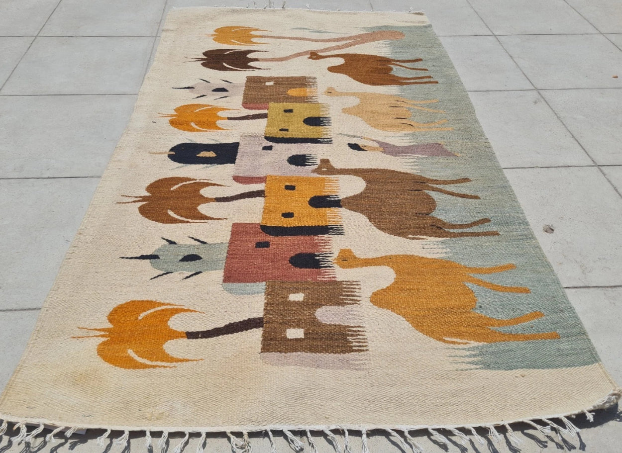 Rare Hand Knotted Vintage Bulgaria Pictorial Wool Kilim Area Rug Camel Village 4.3 x 2.6 Ft