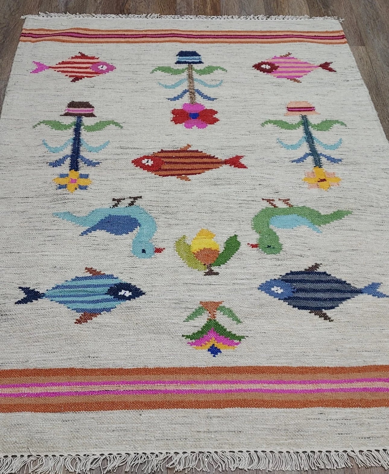 Vintage Turkish Bohemian Rug Tree of Life Fish Design Handmade 4x6 Ft Flatweave Kilim