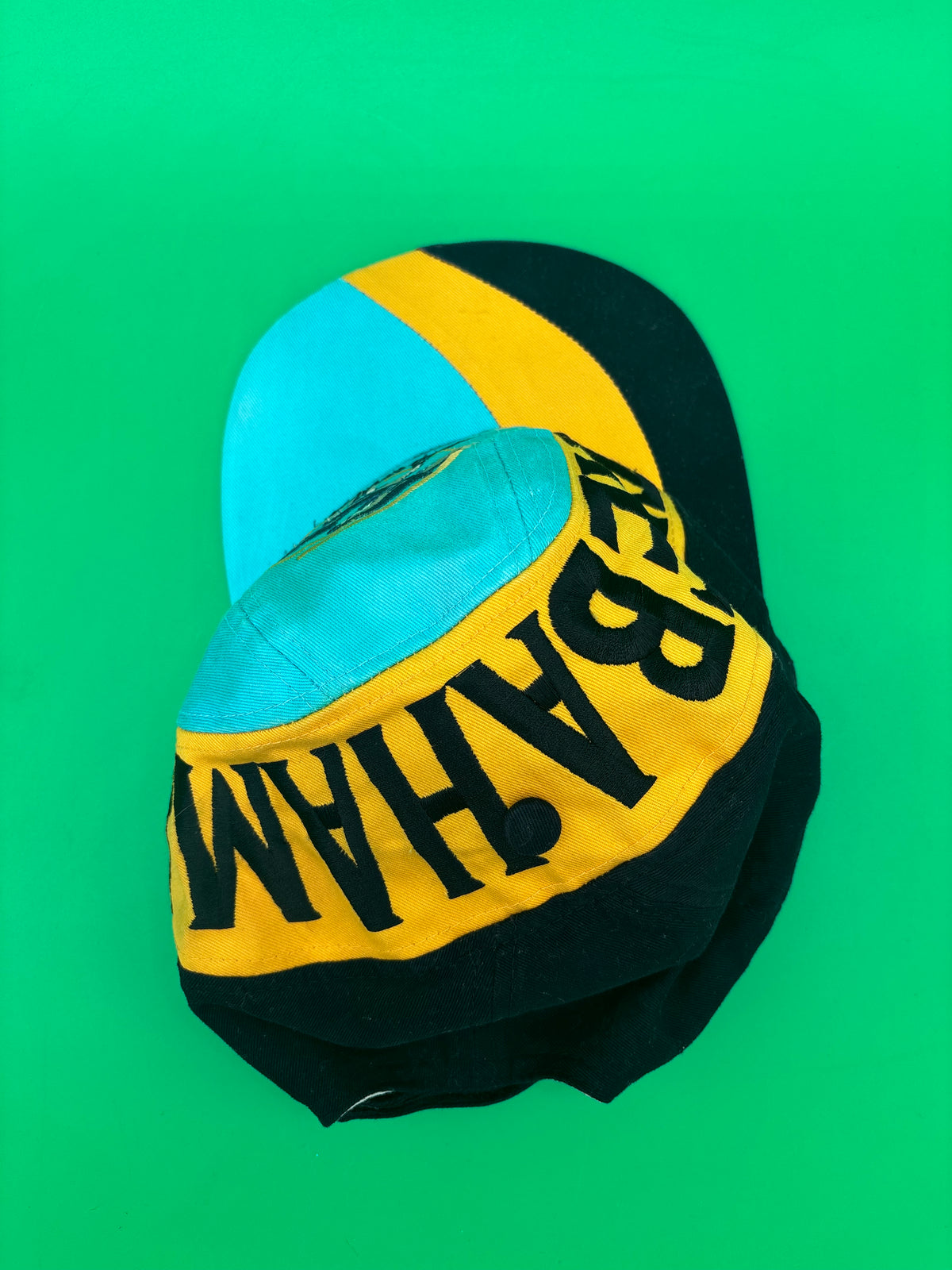 Vintage Bahamas Dolphin Hat Cap Teal Yellow Black Embroidered Spellout 100% Cotton