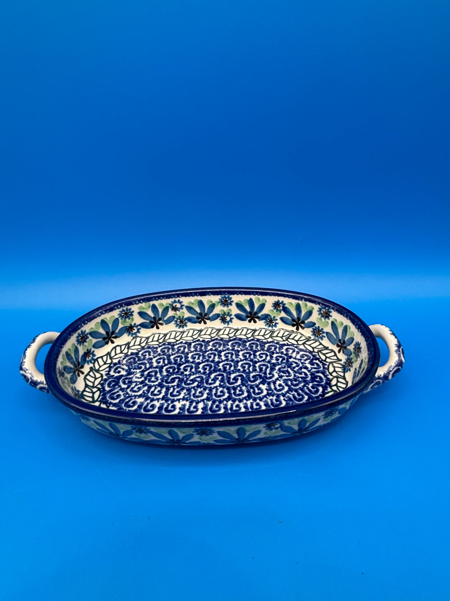 Boleslawiec Polish Pottery Oval Baker Dish Blue Green Floral #192 Poland 9”