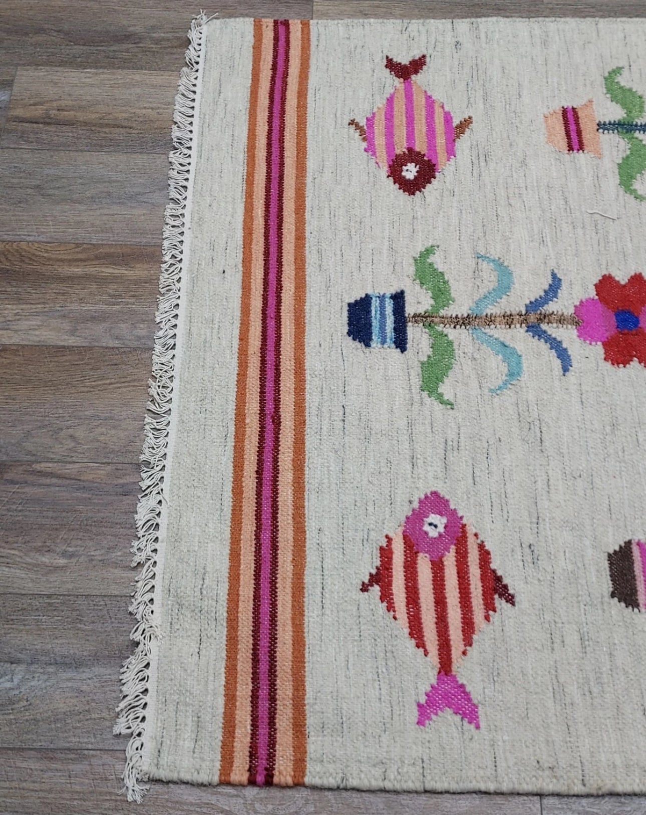 Vintage Turkish Bohemian Rug Tree of Life Fish Design Handmade 4x6 Ft Flatweave Kilim