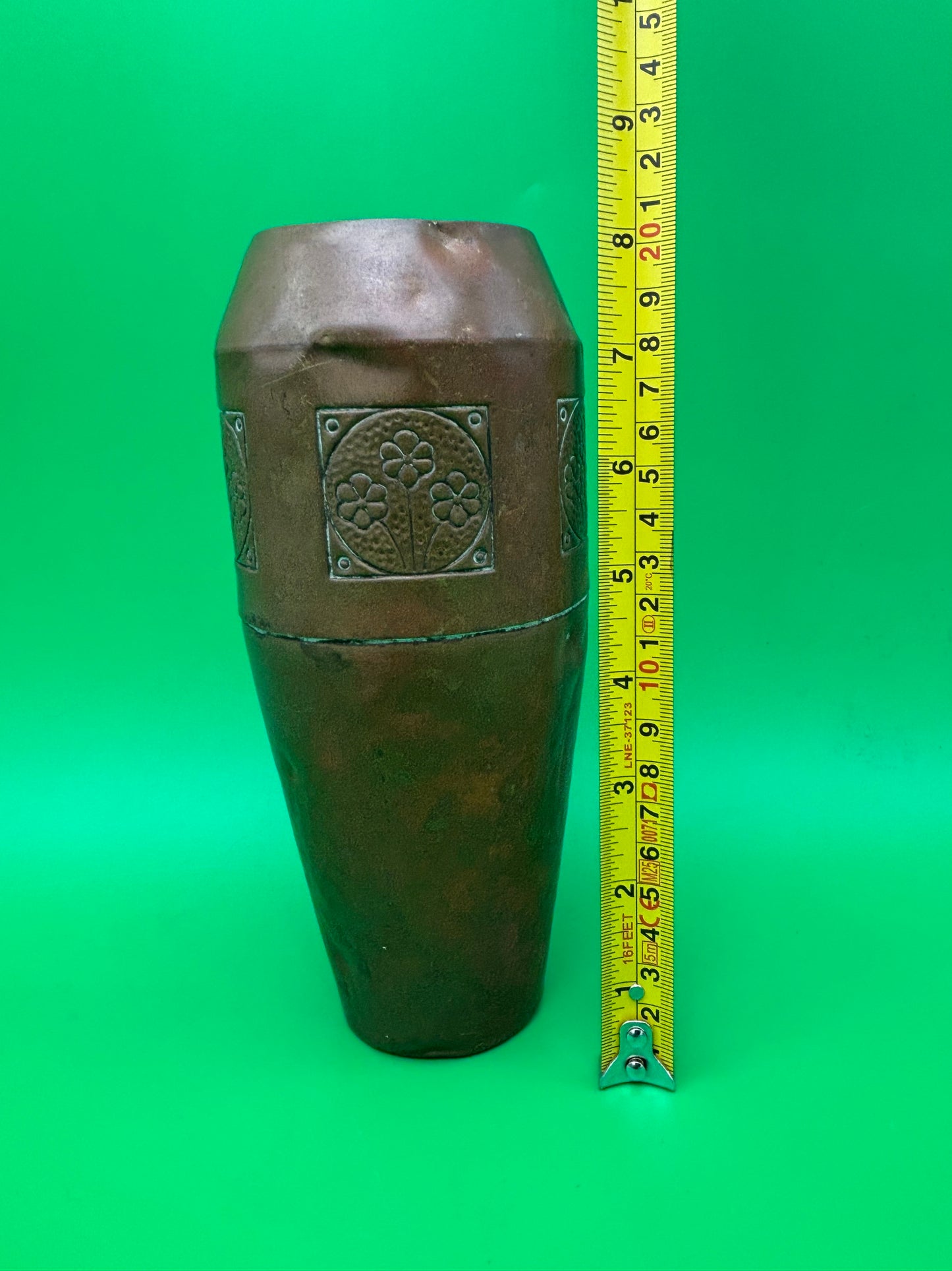 Antique German Jugendstil Hammered Copper Vase Floral Panels 8.25” Germany