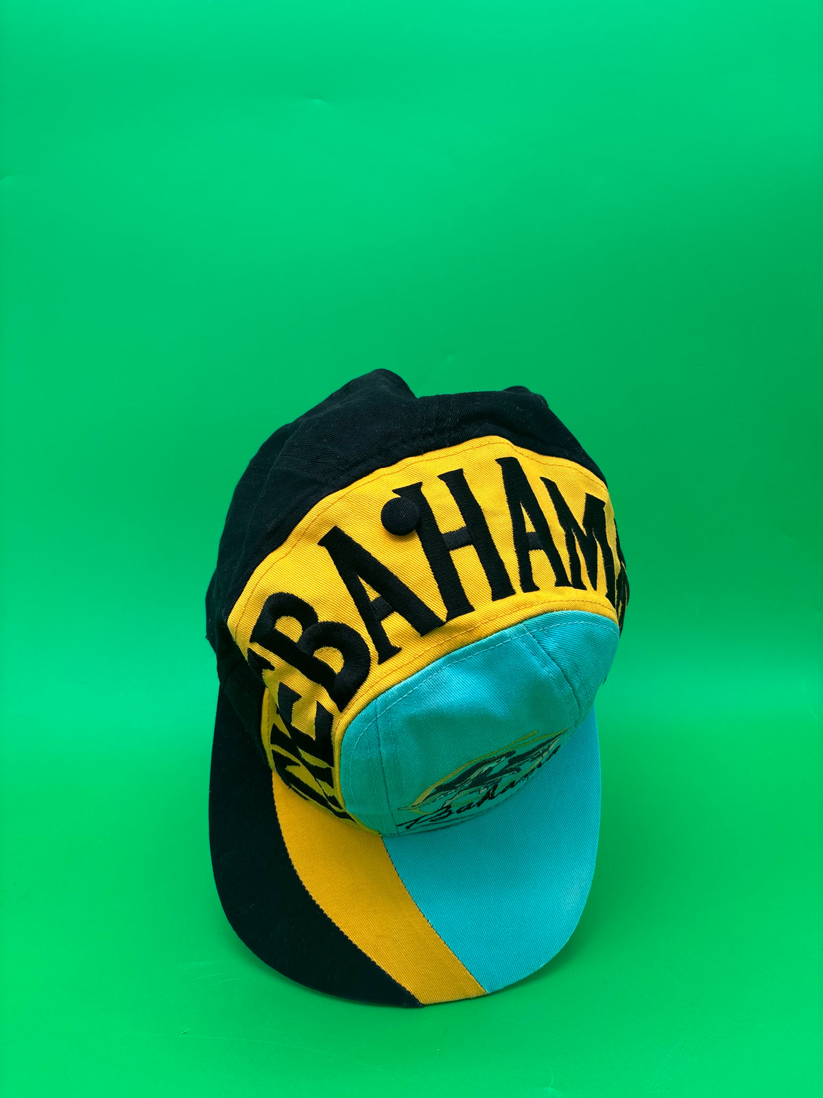 Vintage Bahamas Dolphin Hat Cap Teal Yellow Black Embroidered Spellout 100% Cotton