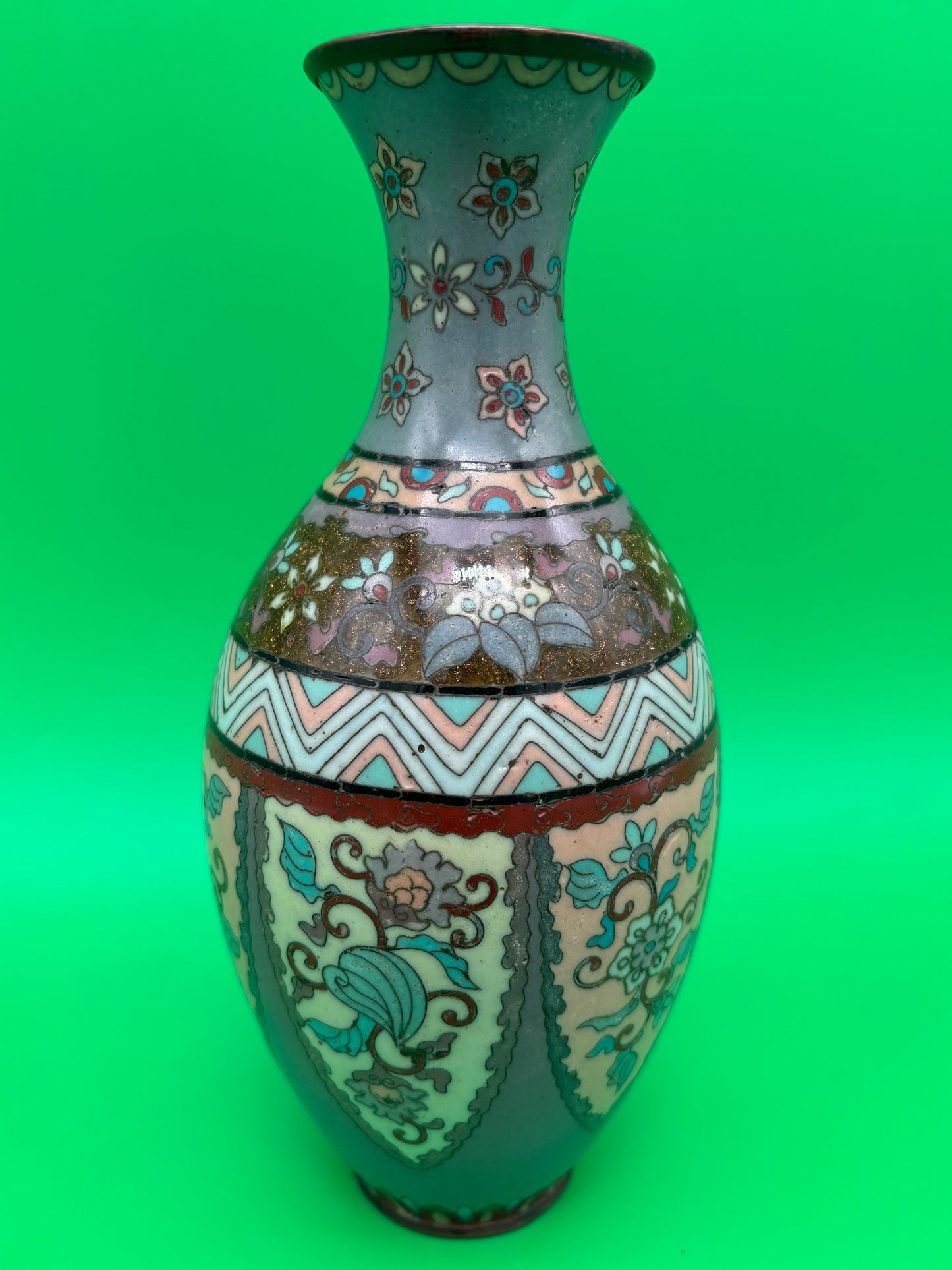 Antique Meiji Japanese Goldstone Cloisonne Enamel Pastel Floral Vase 7 1/4”