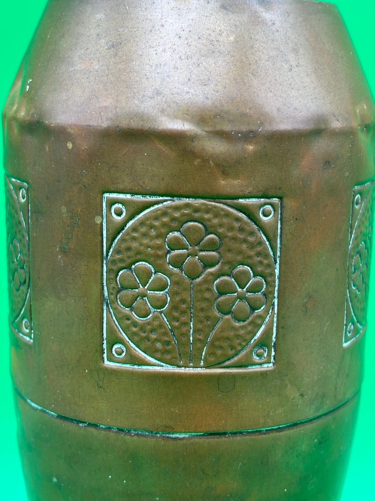 Antique German Jugendstil Hammered Copper Vase Floral Panels 8.25” Germany