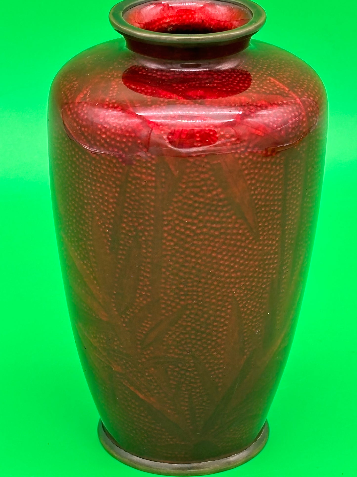 Signed Ando Japanese Pigeon Blood Red Ginbari Cloisonne Bird Bamboo Vase 5.75”