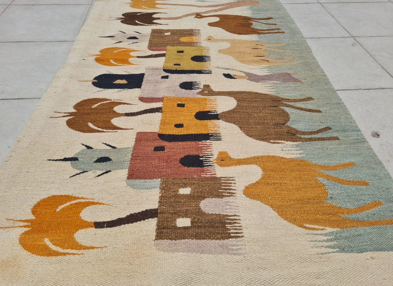 Rare Hand Knotted Vintage Bulgaria Pictorial Wool Kilim Area Rug Camel Village 4.3 x 2.6 Ft