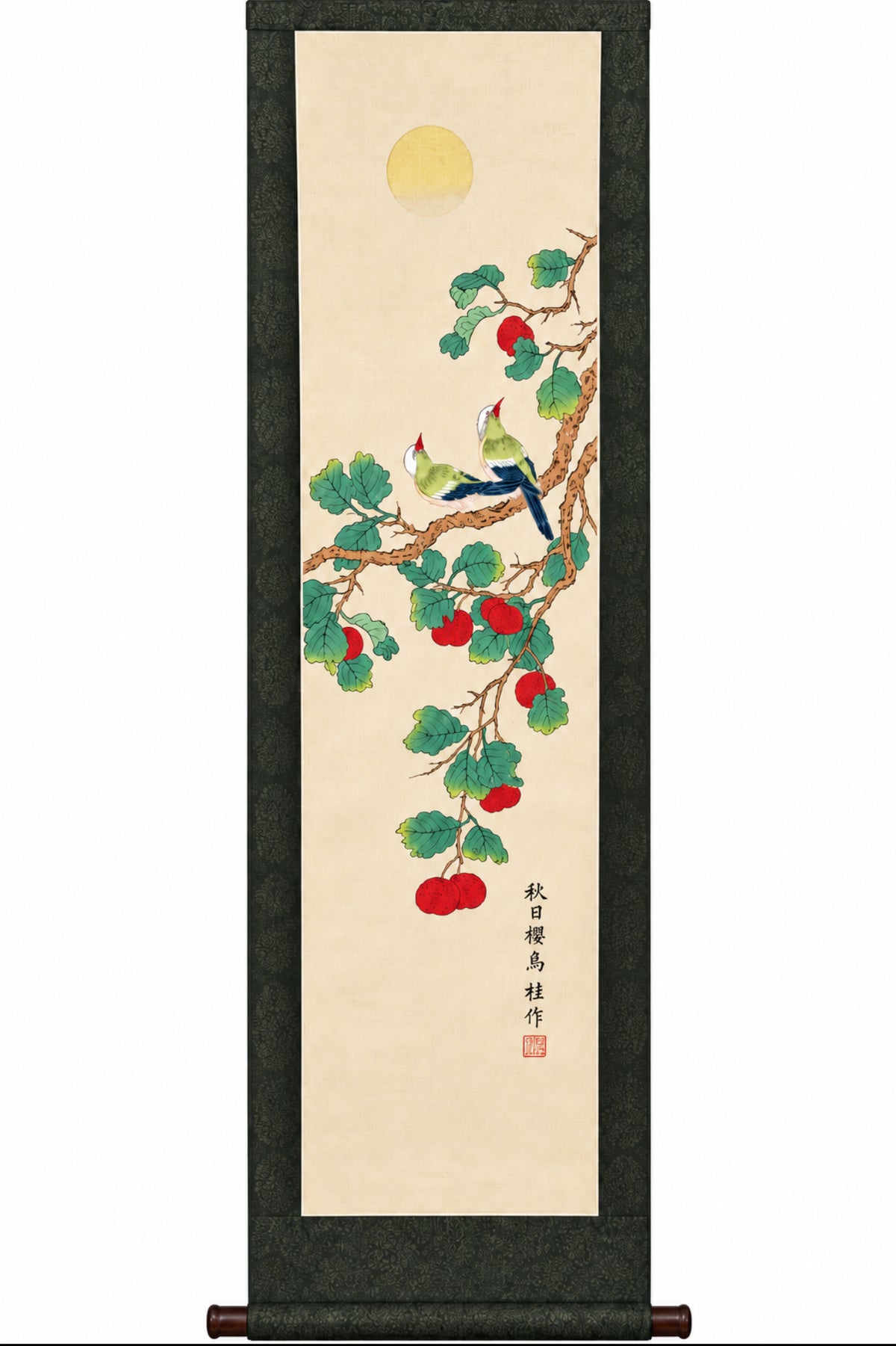 Vintage Chinese Lin Sheng Signed Silk Scroll Paintings Pair Birds Fruit 40”
