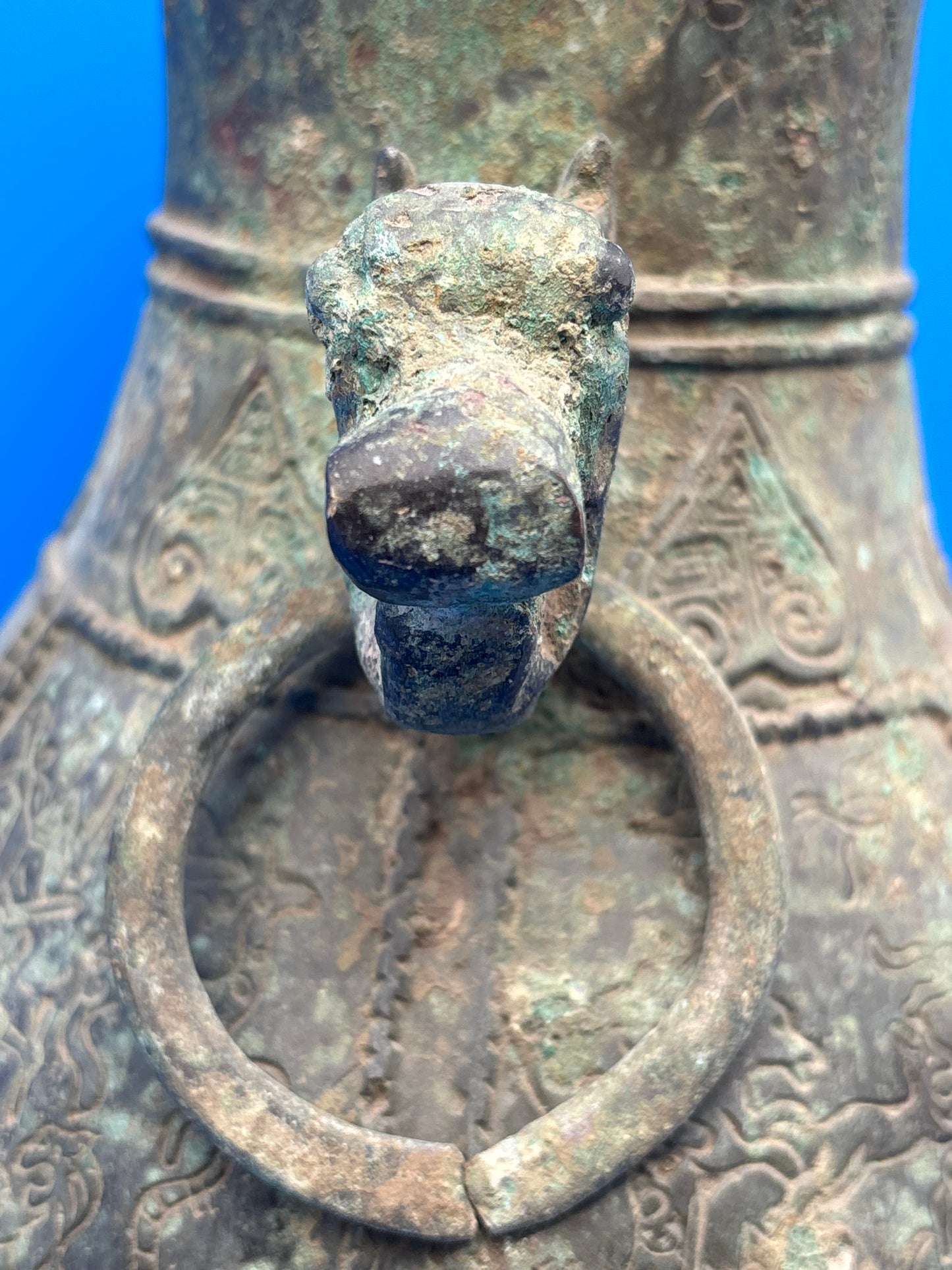 Chinese Archaistic Bronze Hu Vase Elephant Head Ring Handles Figural 11”