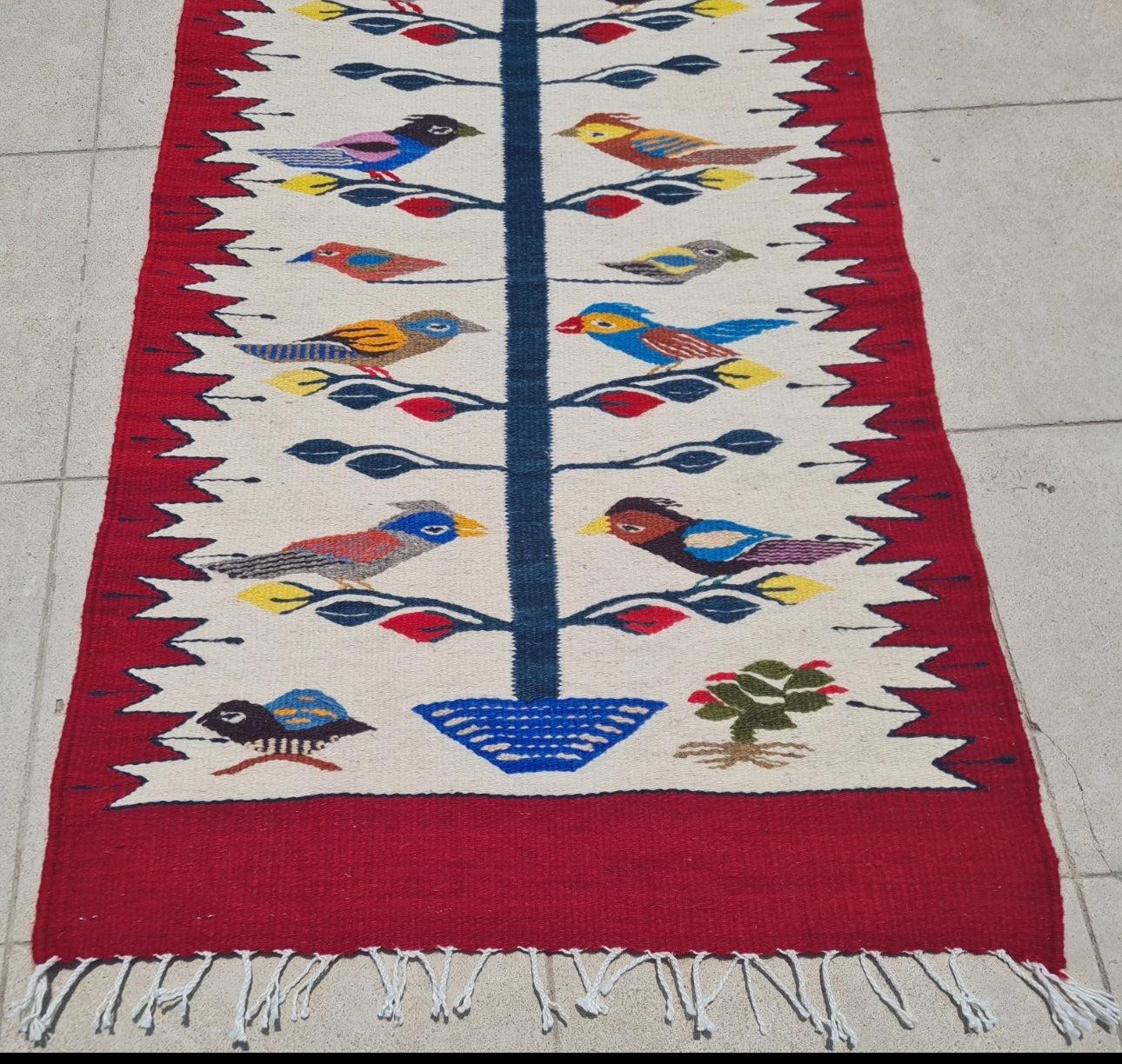 Vintage Hand Knotted Kilim Wool Area Rug Red Bird Tree Design Tribal Folk Art Rug 3.2’ x 1.1’