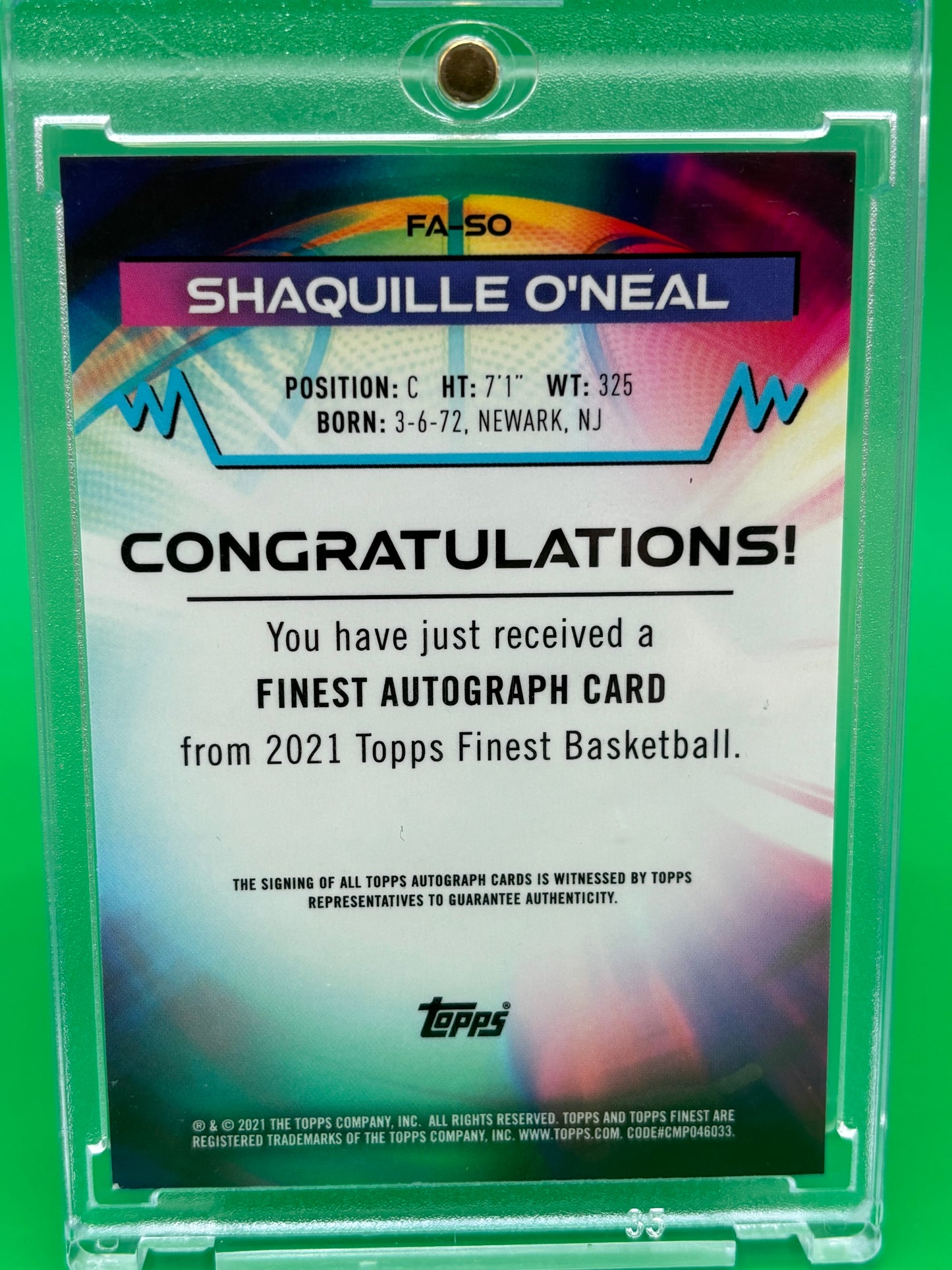2021 Topps Finest Shaquille O’Neal Auto FA-SO On-Card Autograph Shaq HOF
