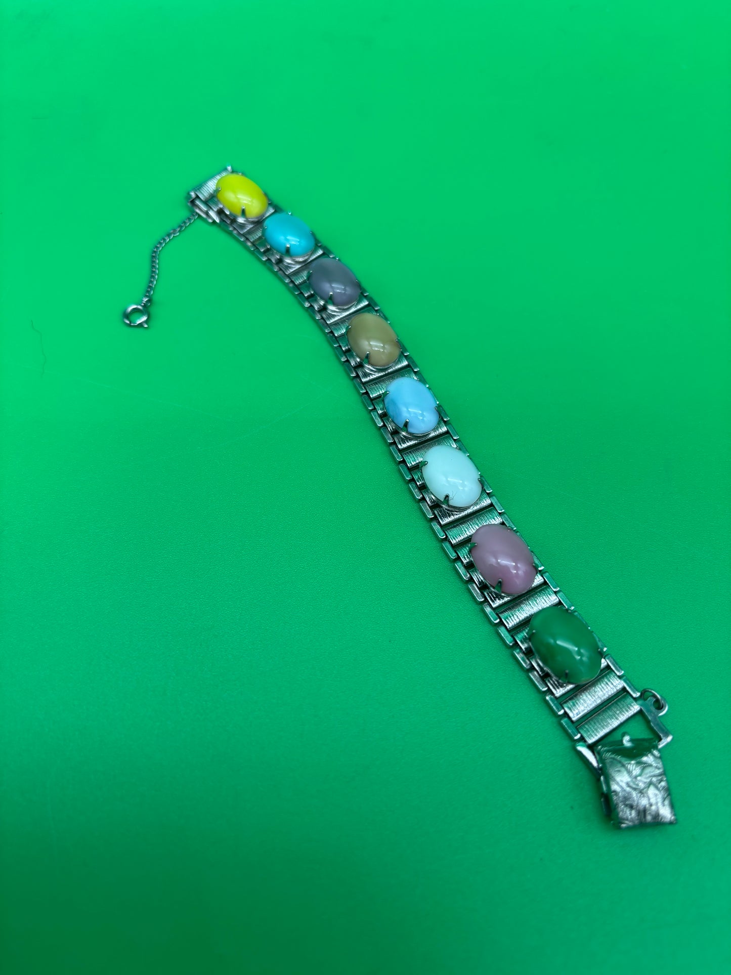 Vintage Sarah Coventry MCM Multi Color Glass Cabochon Panel Bracelet 7.5”