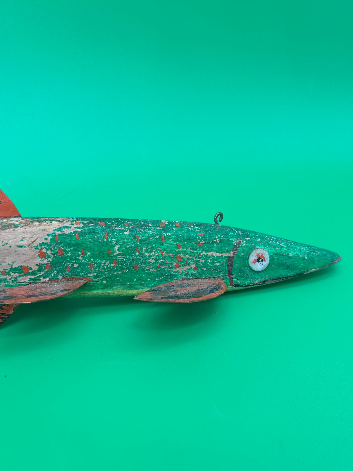 Vintage Folk Art Wooden Fish Spearing Decoy 12” Hand Carved Painted Metal Fins