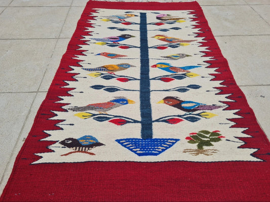 Vintage Hand Knotted Kilim Wool Area Rug Red Bird Tree Design Tribal Folk Art Rug 3.2’ x 1.1’