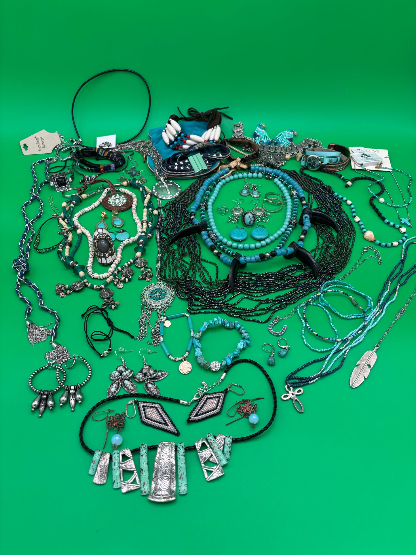 Large Boho Southwestern Jewelry Lot Turquoise Tribal Silver Tone Statement Necklaces Bracelets