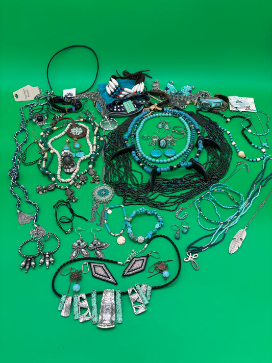 Large Boho Southwestern Jewelry Lot Turquoise Tribal Silver Tone Statement Necklaces Bracelets