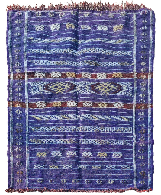 Rare Handwoven Vintage Moroccan Soumak Kilim Wool Rug – Purple Tribal Flatweave – 3’8” x 2’1”