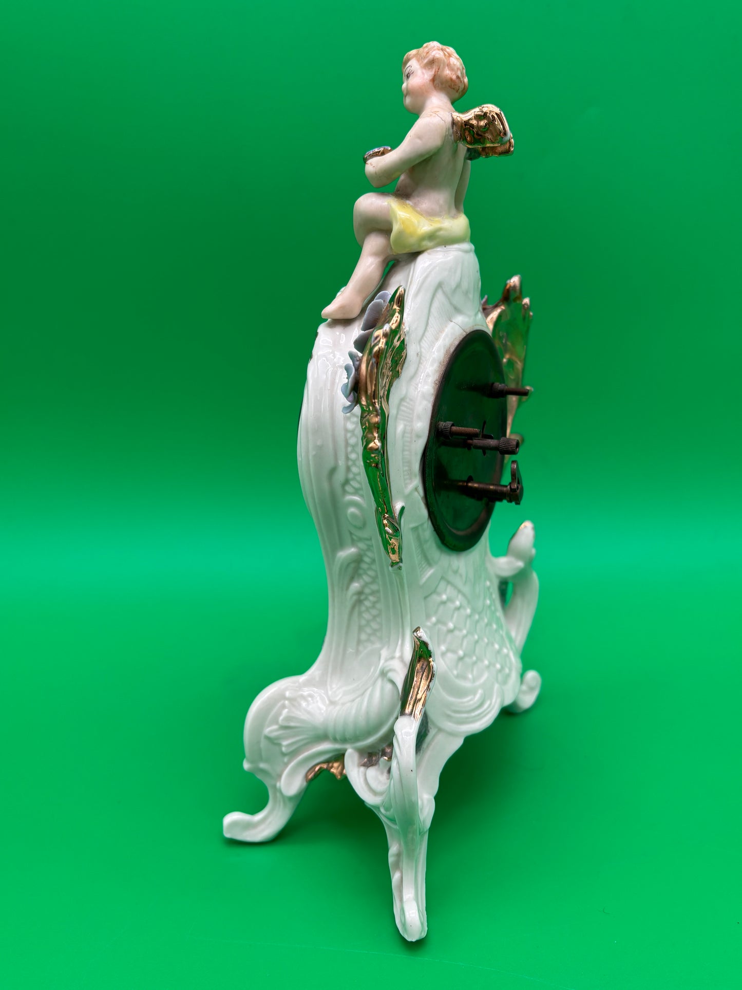 Vintage Louis Pierlot German Porcelain Mantel Clock w/ Cherub – 10” Wind Up