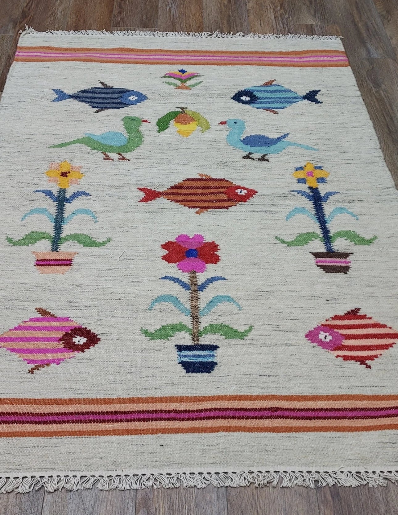 Vintage Turkish Bohemian Rug Tree of Life Fish Design Handmade 4x6 Ft Flatweave Kilim