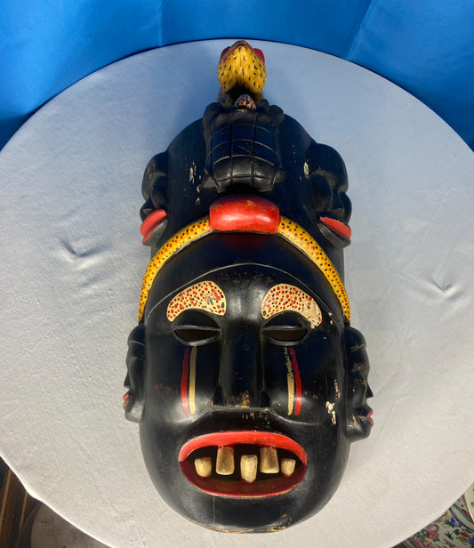 Vintage Hand-Carved African Style Painted Tribal Mask Multi-Face Wall Decor