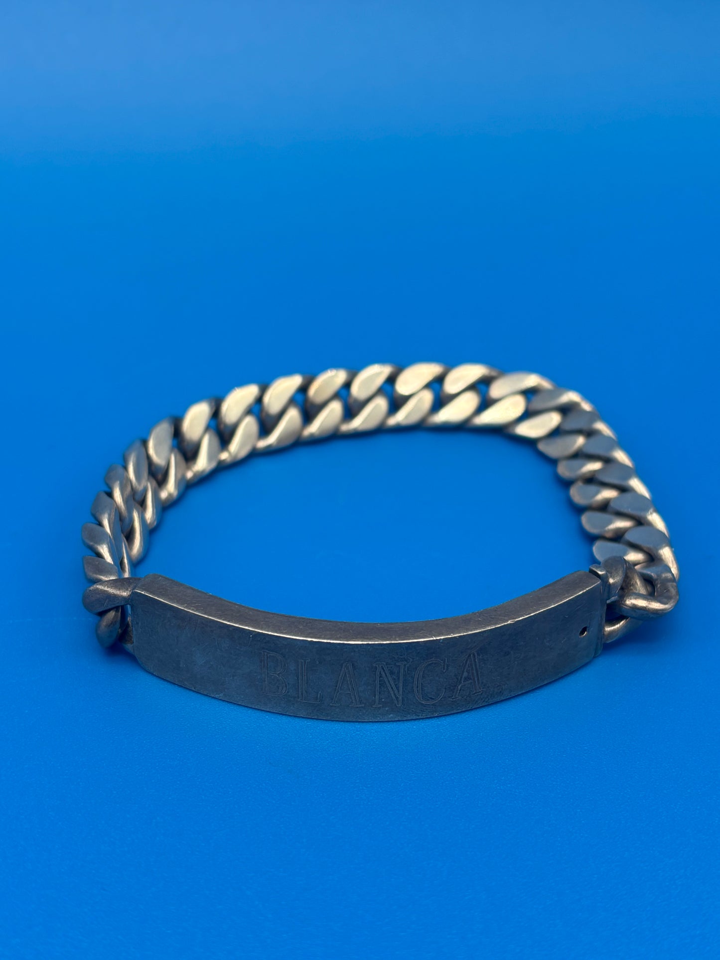 Heavy Vintage Mexico 925 Sterling Silver ID Bracelet Curb Link 65g Engraved BLANCA