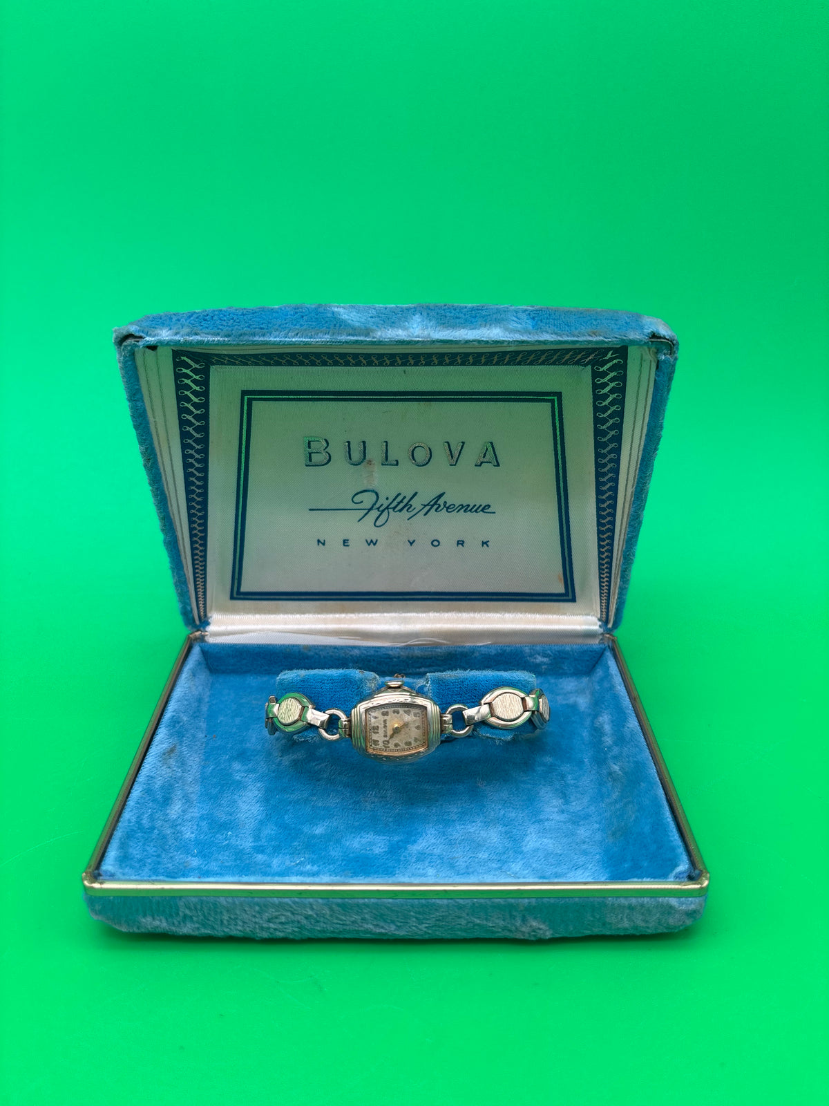 Vintage Bulova Ladies Art Deco Watch Speidel Bracelet Fifth Avenue Box Untested
