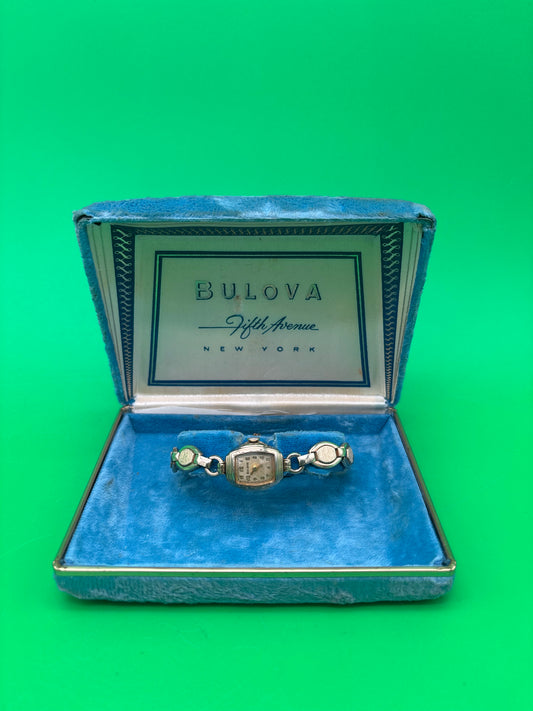 Vintage Bulova Ladies Art Deco Watch Speidel Bracelet Fifth Avenue Box Untested