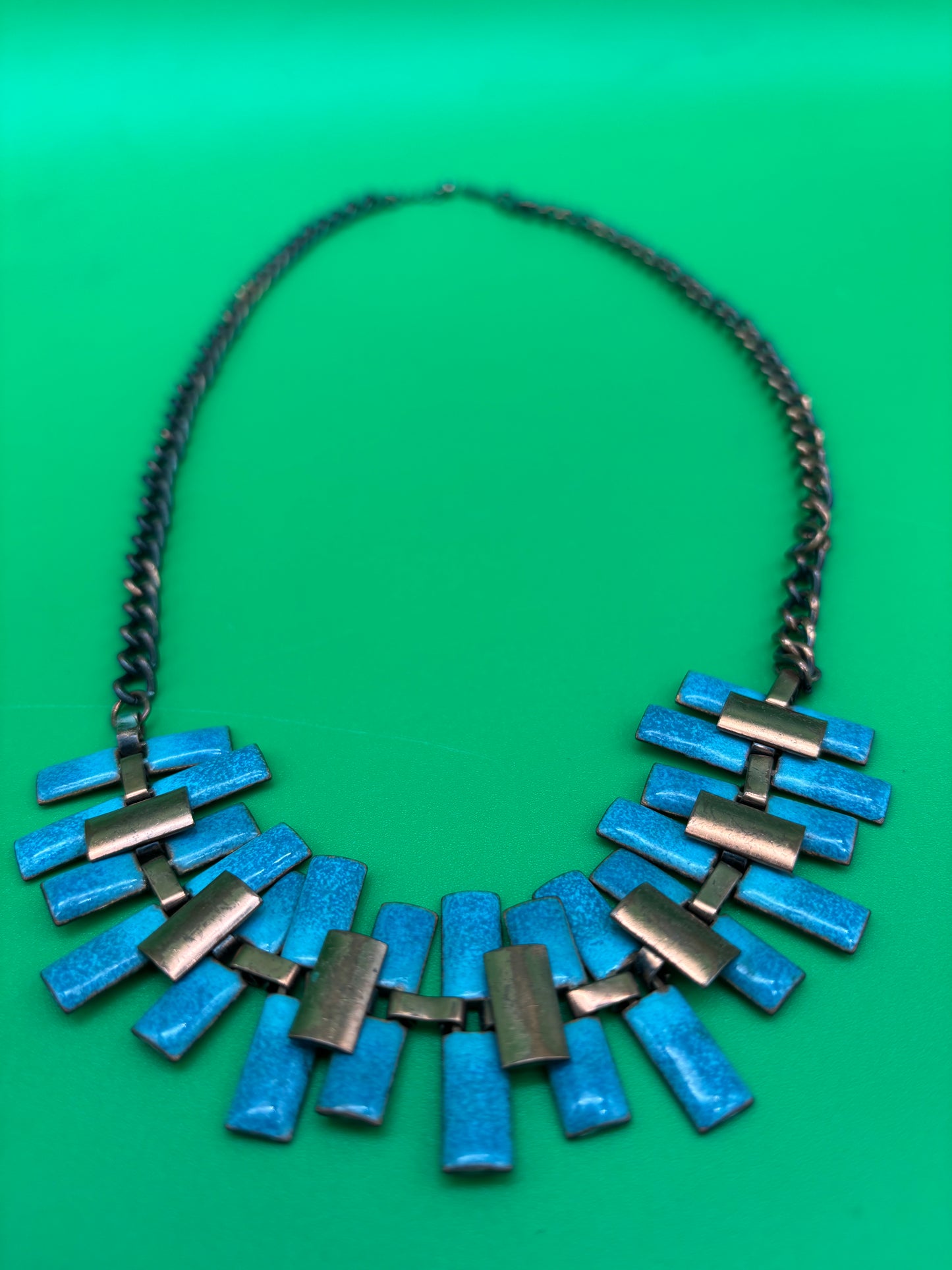 Vintage Estate MCM High End Enameled Copper 23.5” Modernist Statement Necklace Blue, G27504