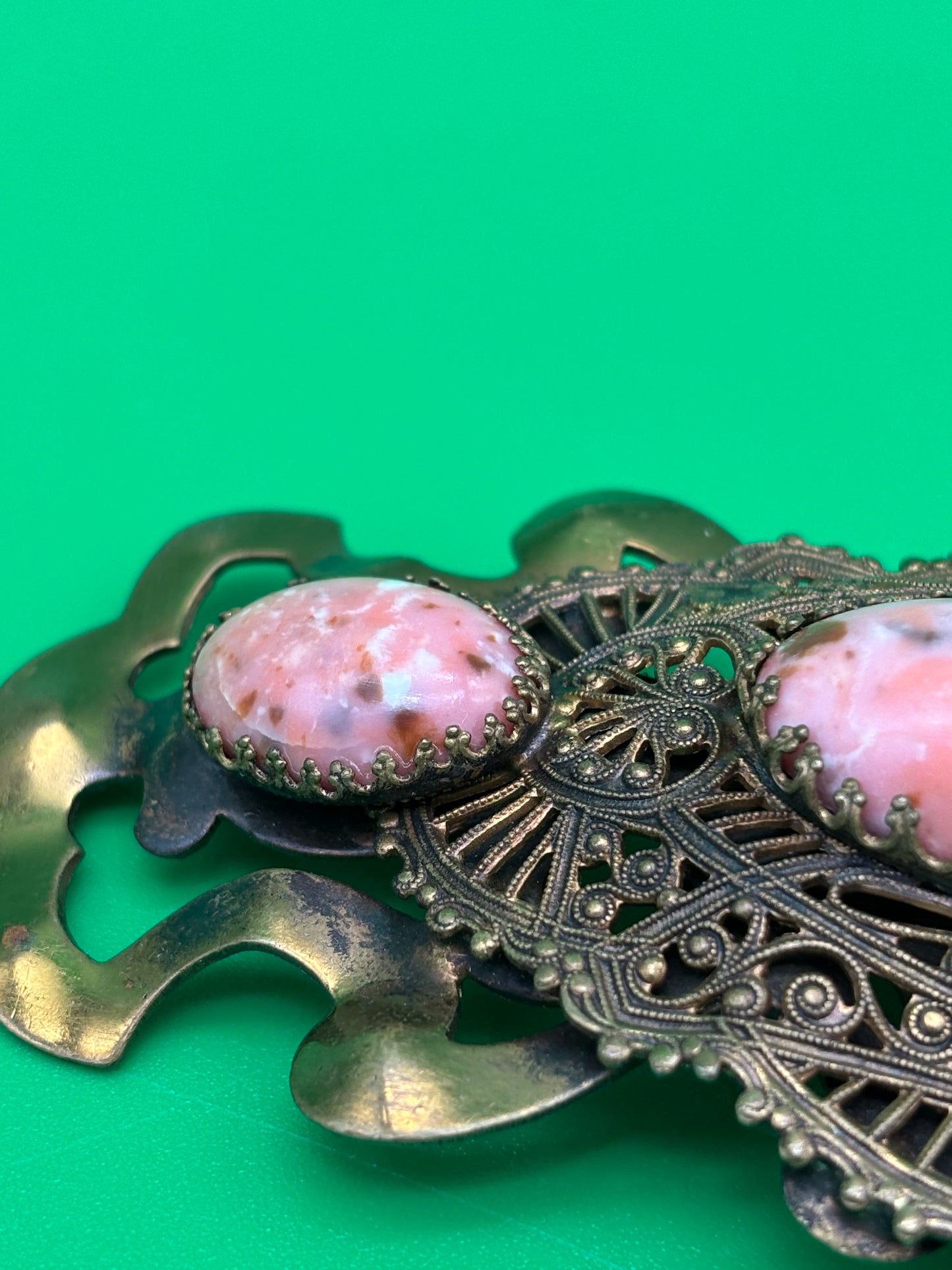 Vintage Art Nouveau Filigree Sash Pin Brooch Pink Marbled Glass Cabochons Antique Style