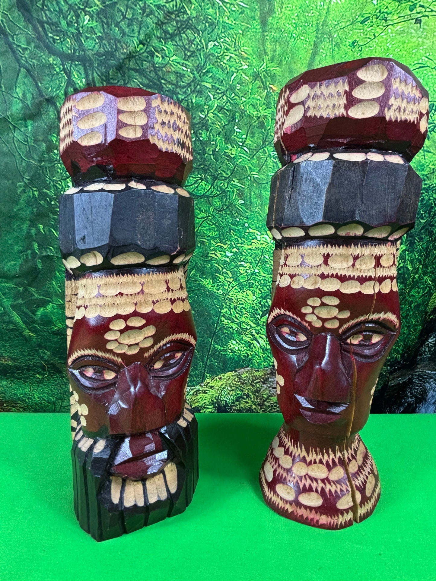 Genuine Hand Carved Jamaican Wooden Tiki Totem Head Figurines Tiki Décor Pair
