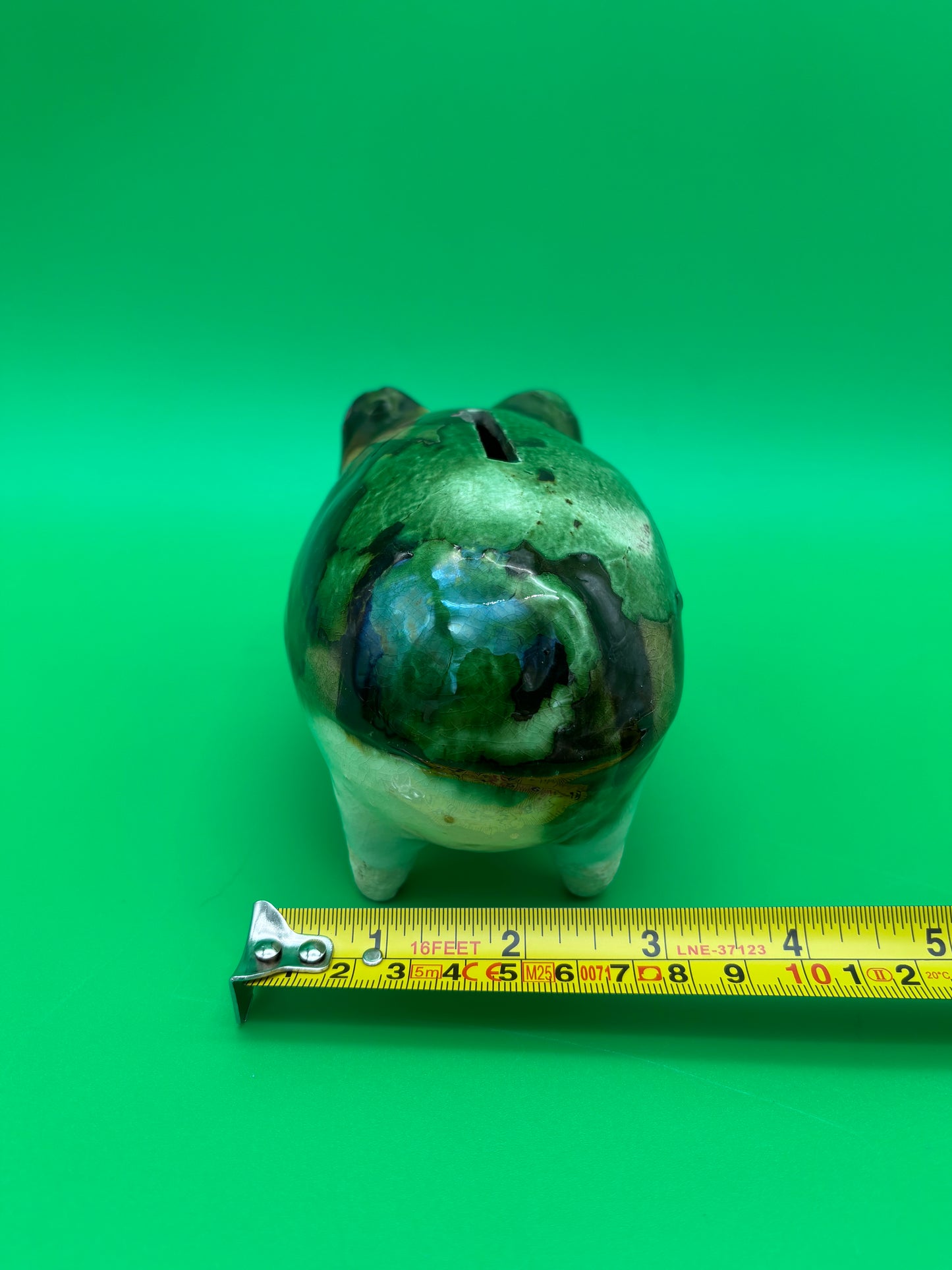 Antique Yellowware Piggy Bank Green Drip Glaze Hole Eyes Pottery Still Bank 6.5”