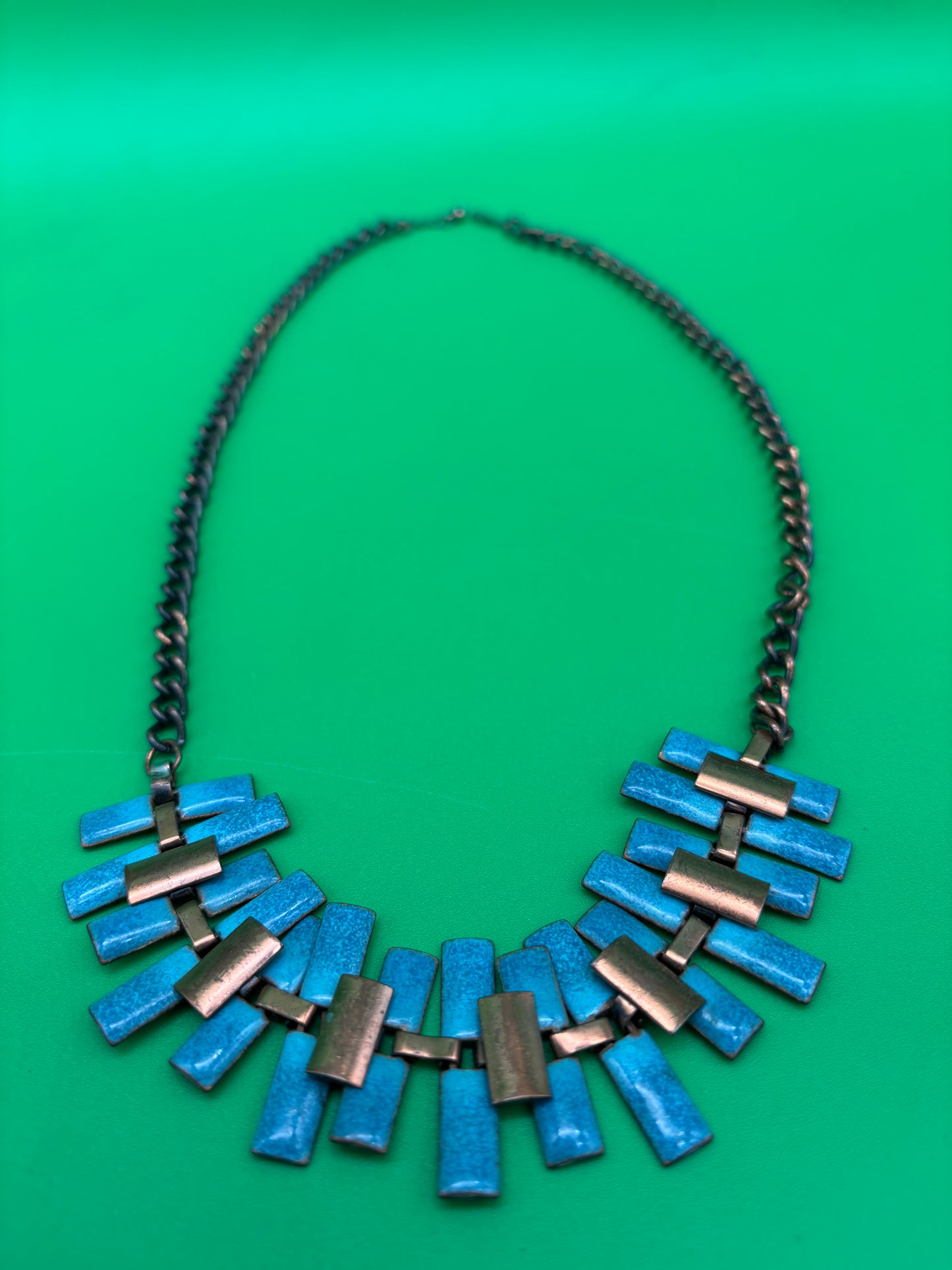 Vintage Estate MCM High End Enameled Copper 23.5” Modernist Statement Necklace Blue, G27504
