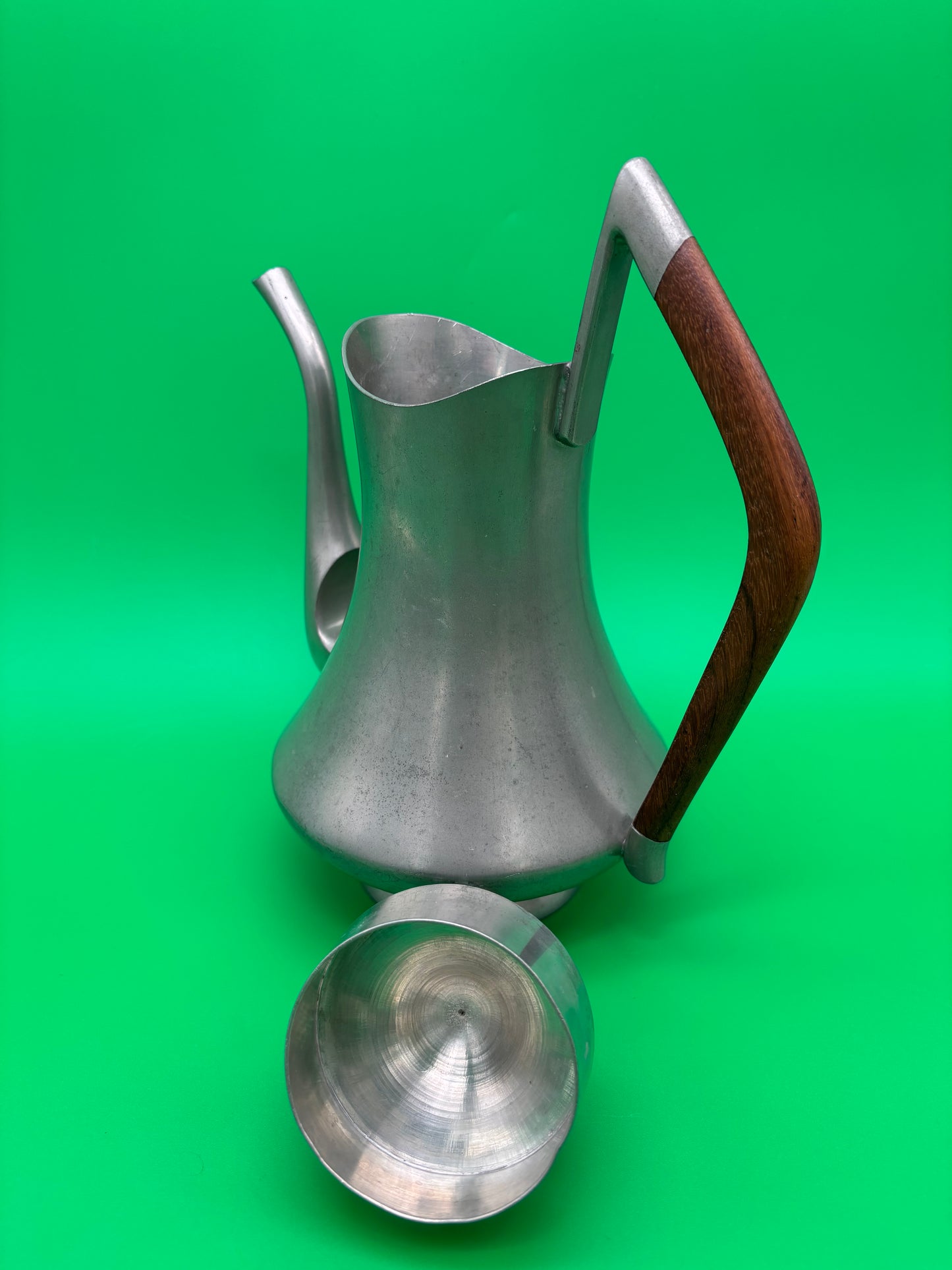 Vintage MCM Pewter Coffee Pot Wood Handle Danish Modern Style 1960s Wasundja